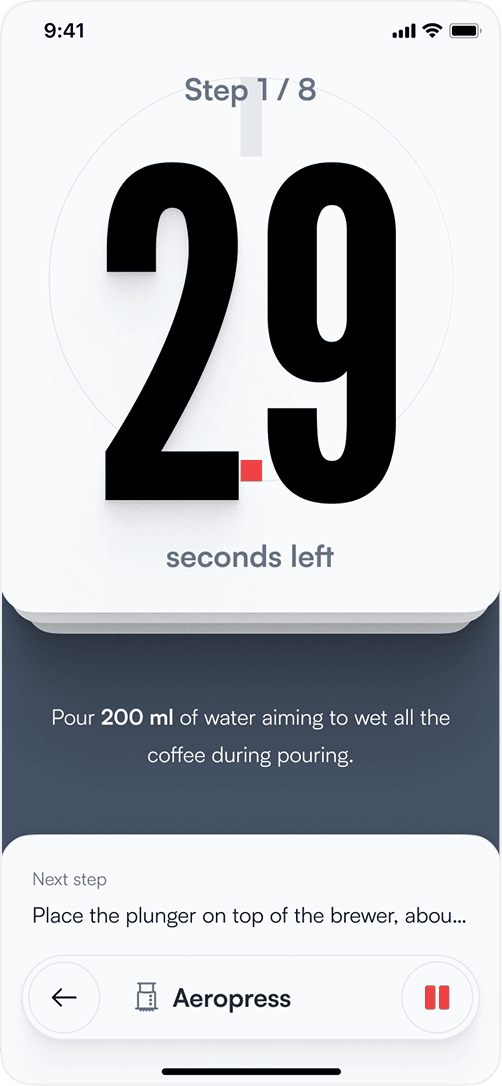 Coffee brewing app — timer counting down a brew step