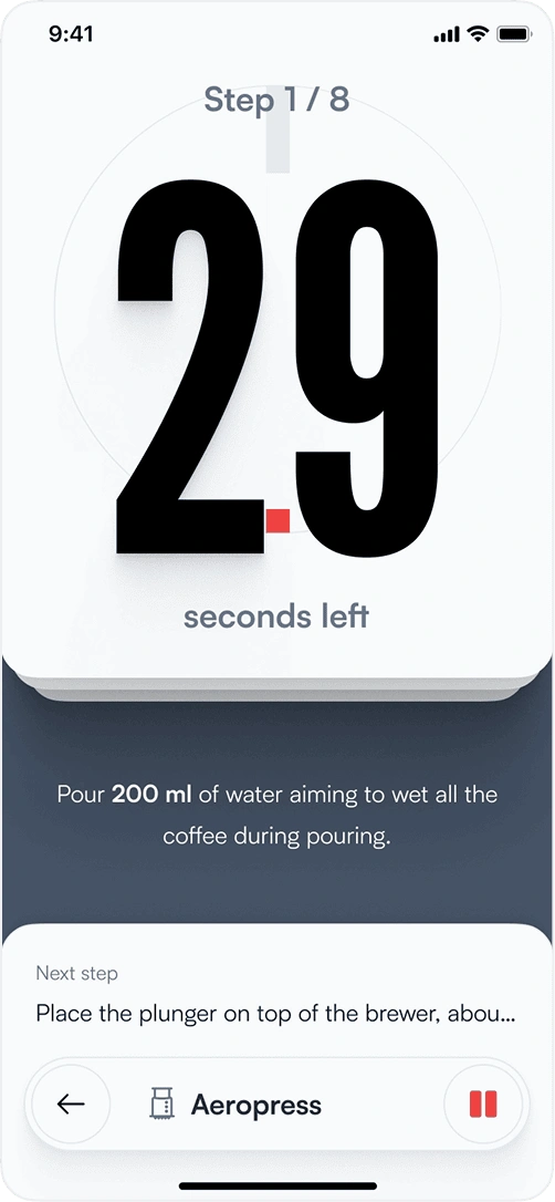 Coffee brewing app — timer counting down a brew step