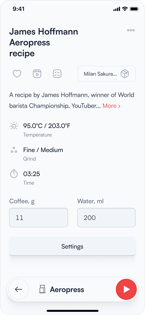 Coffee brewing app — Aeropress recipe with temperature, grind and time parameters