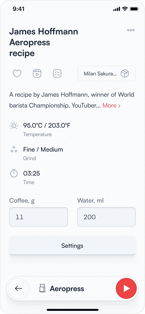Coffee brewing app — Aeropress recipe with temperature, grind and time parameters