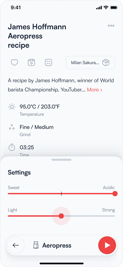 Coffee brewing app — taste settings with sweetness and strength sliders