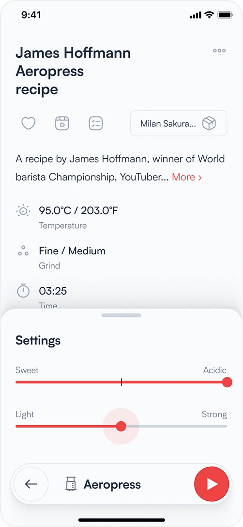 Coffee brewing app — taste settings with sweetness and strength sliders