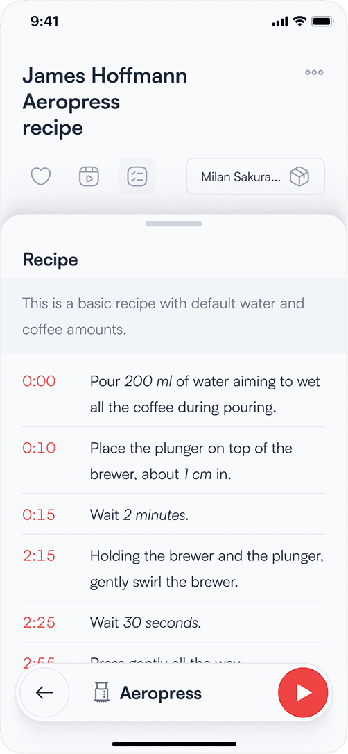 Coffee brewing app — step-by-step Aeropress brewing instructions