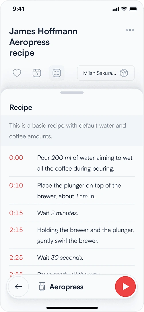 Coffee brewing app — step-by-step Aeropress brewing instructions