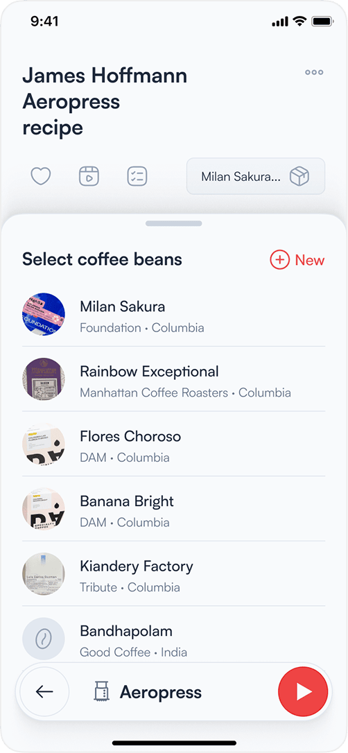 Coffee brewing app — coffee beans selection screen