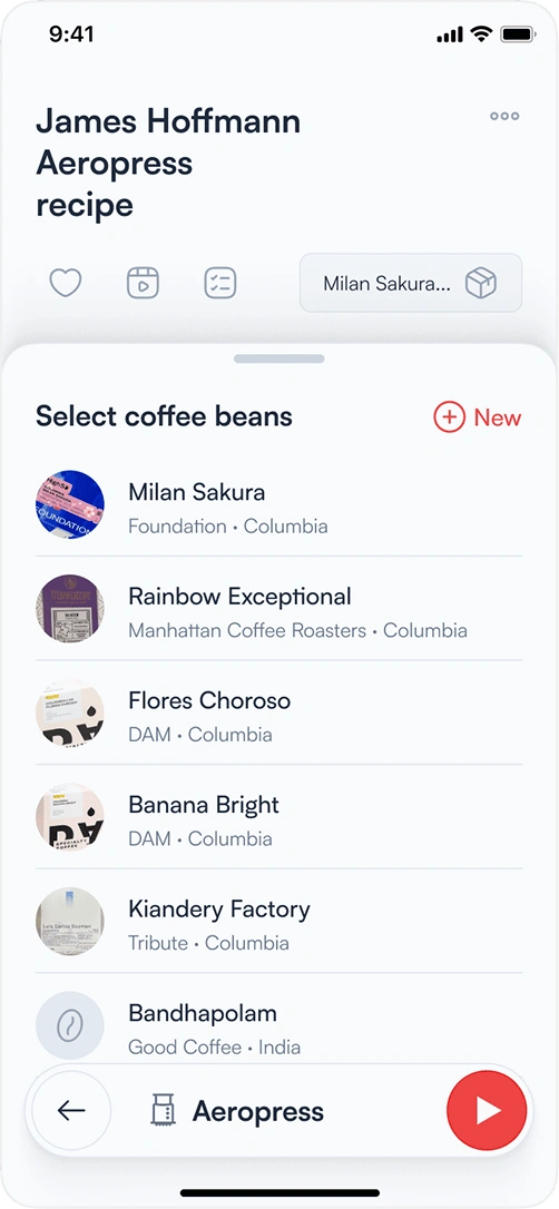 Coffee brewing app — coffee beans selection screen
