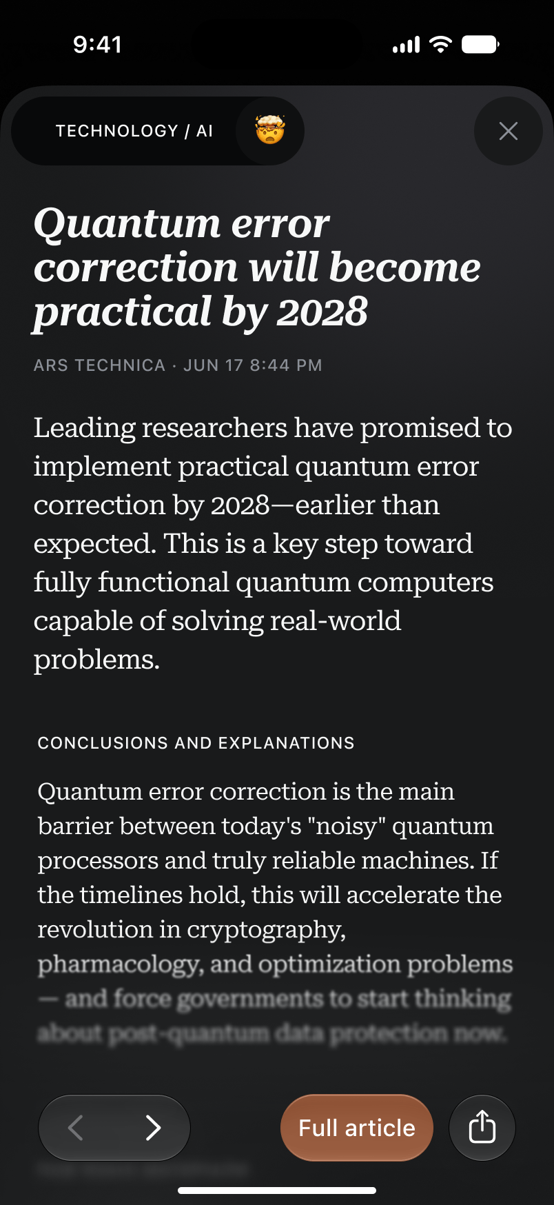 Nuus news app — article reading view with an AI-generated summary and conclusions