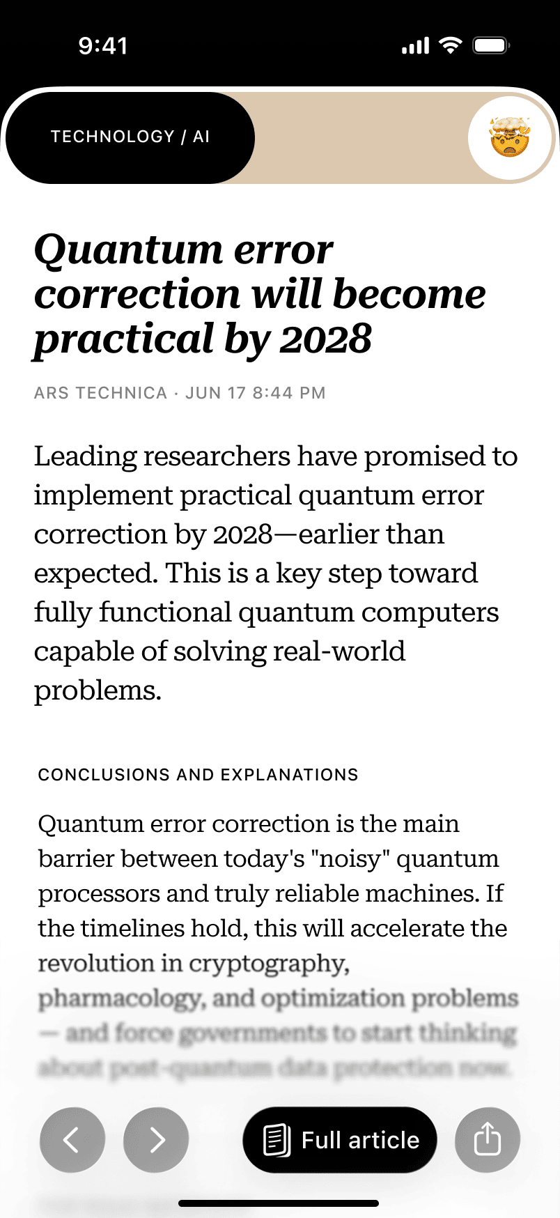 Nuus news app — article reading view with an AI-generated summary and conclusions