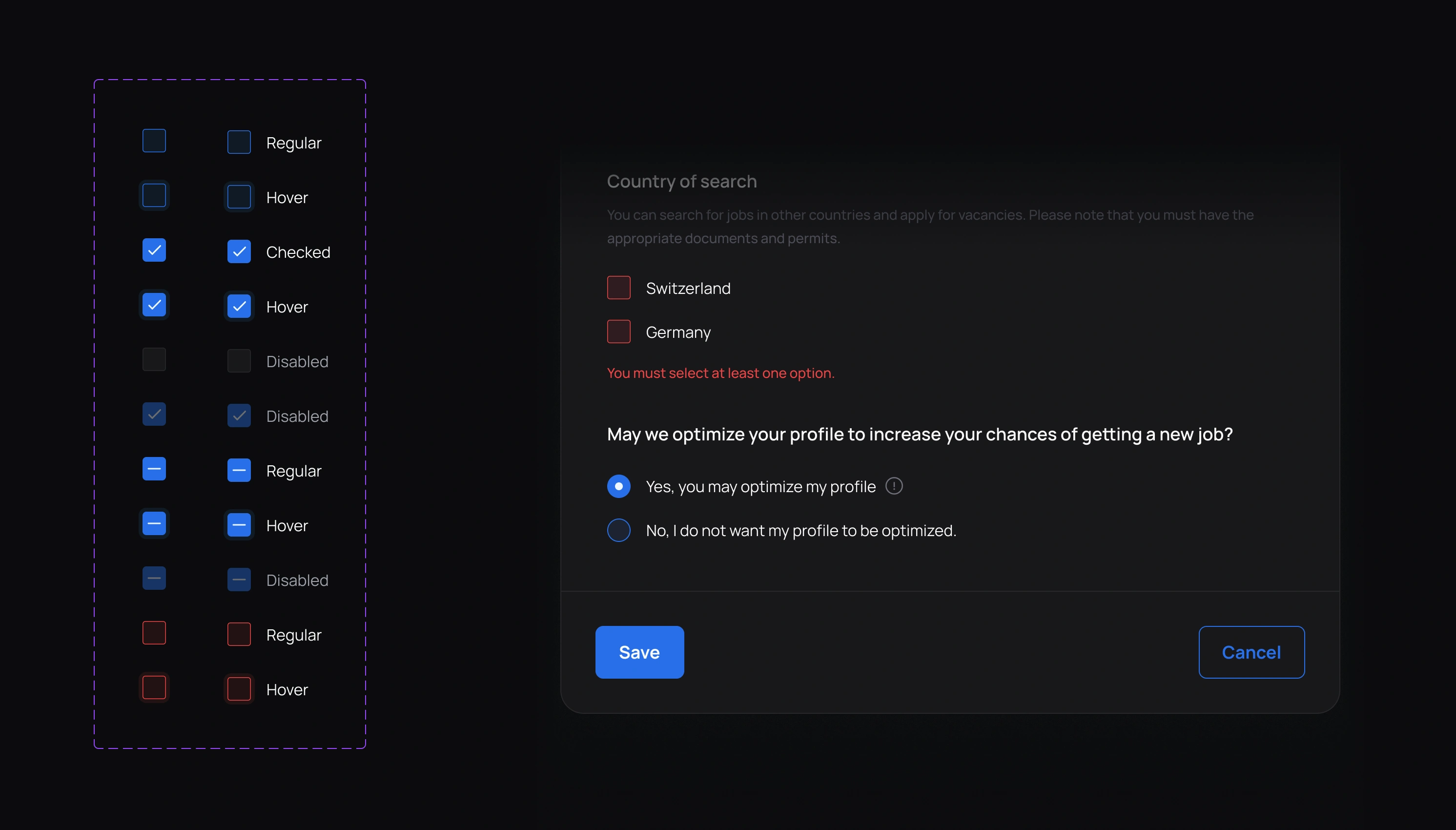 Checkbox component states in a design system