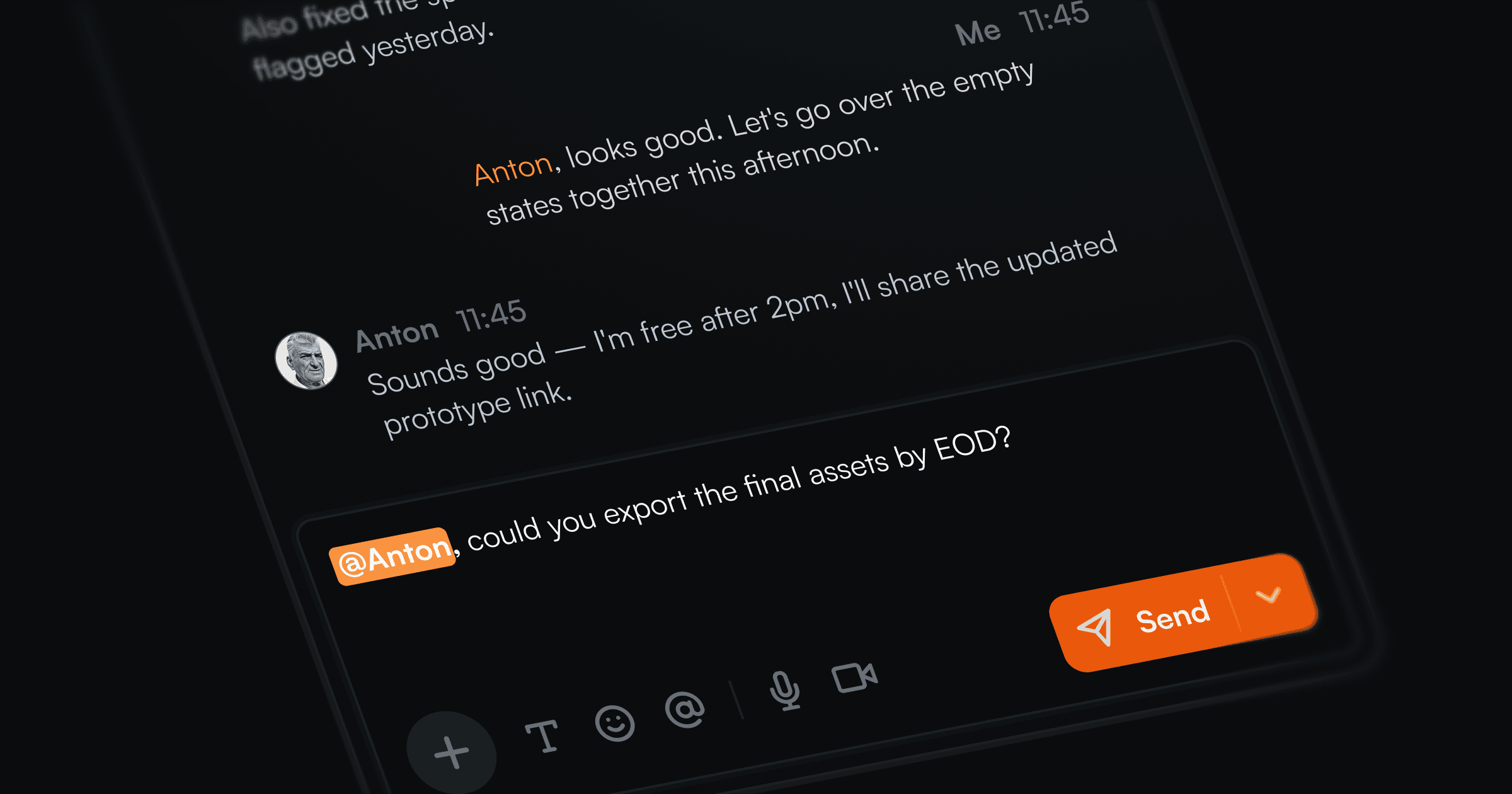 Dark-themed messaging widget for customer support