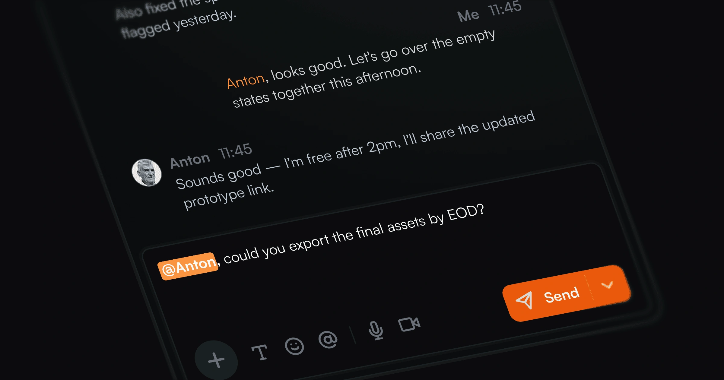 Dark-themed messaging widget for customer support