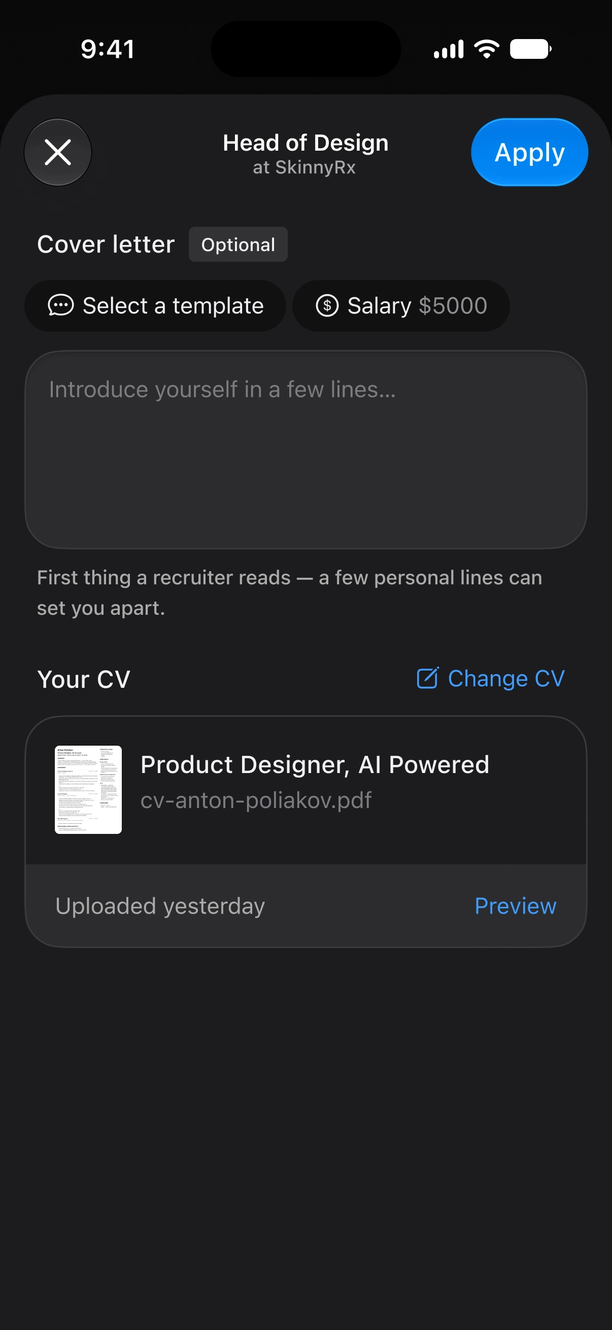 Djinni iOS app application form with a cover letter and the attached CV