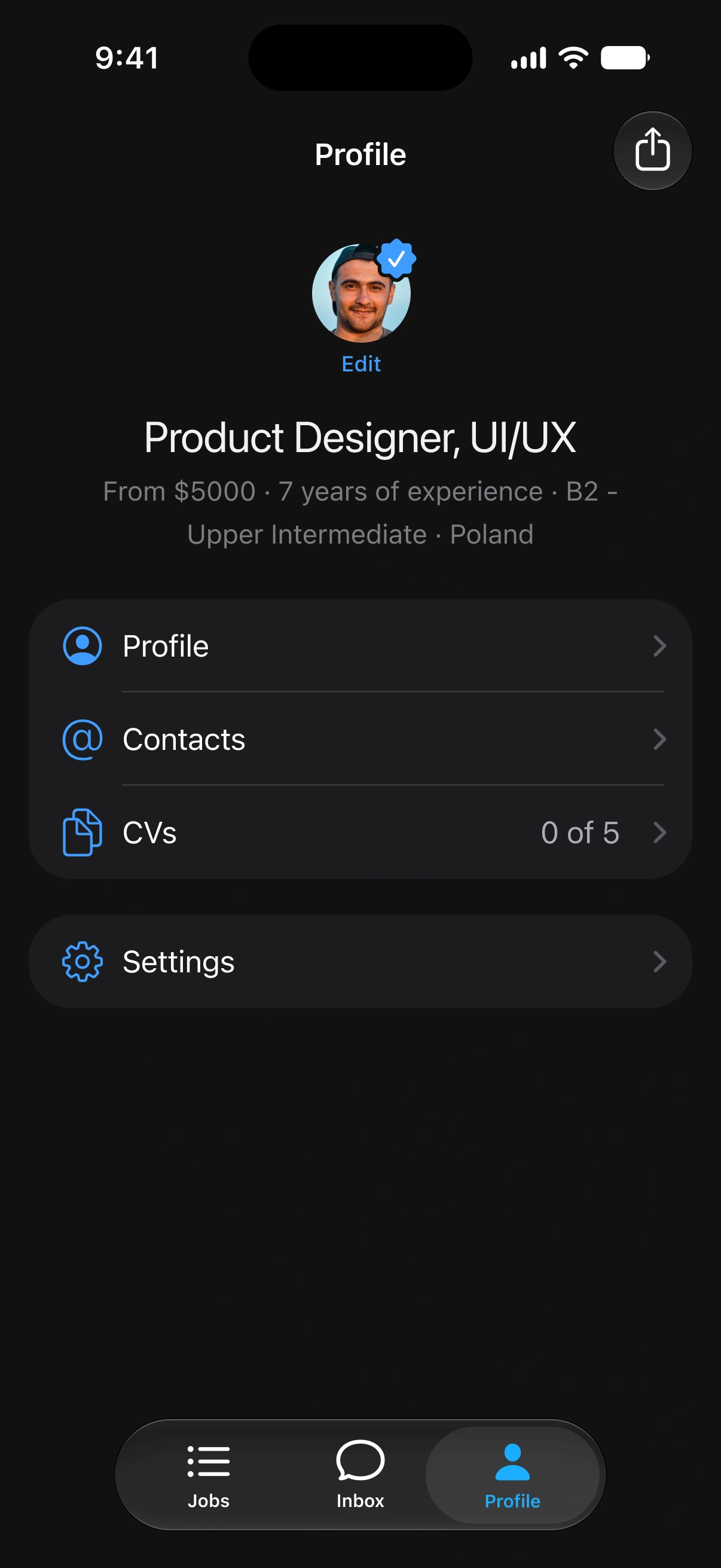Djinni iOS app profile with the CV list — case study preview
