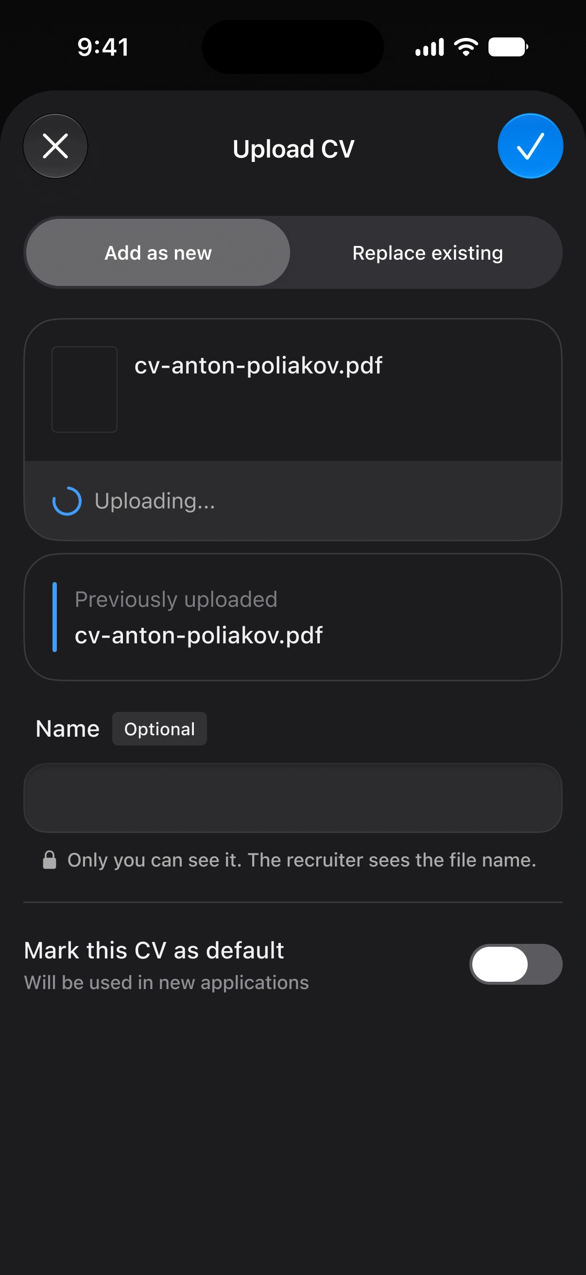 Djinni iOS app CV upload sheet