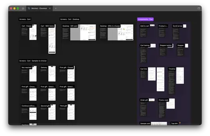 The rebuilt Figma file: screens laid out by flow and the component pages with their variants