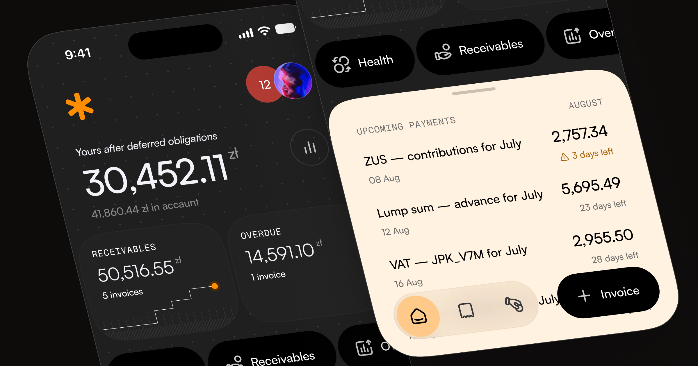 Finance app for freelancers — balance after deferred obligations, receivables and upcoming tax payments