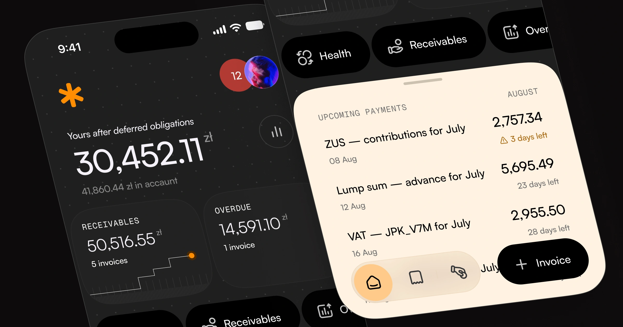 Finance app for freelancers — balance after deferred obligations, receivables and upcoming tax payments