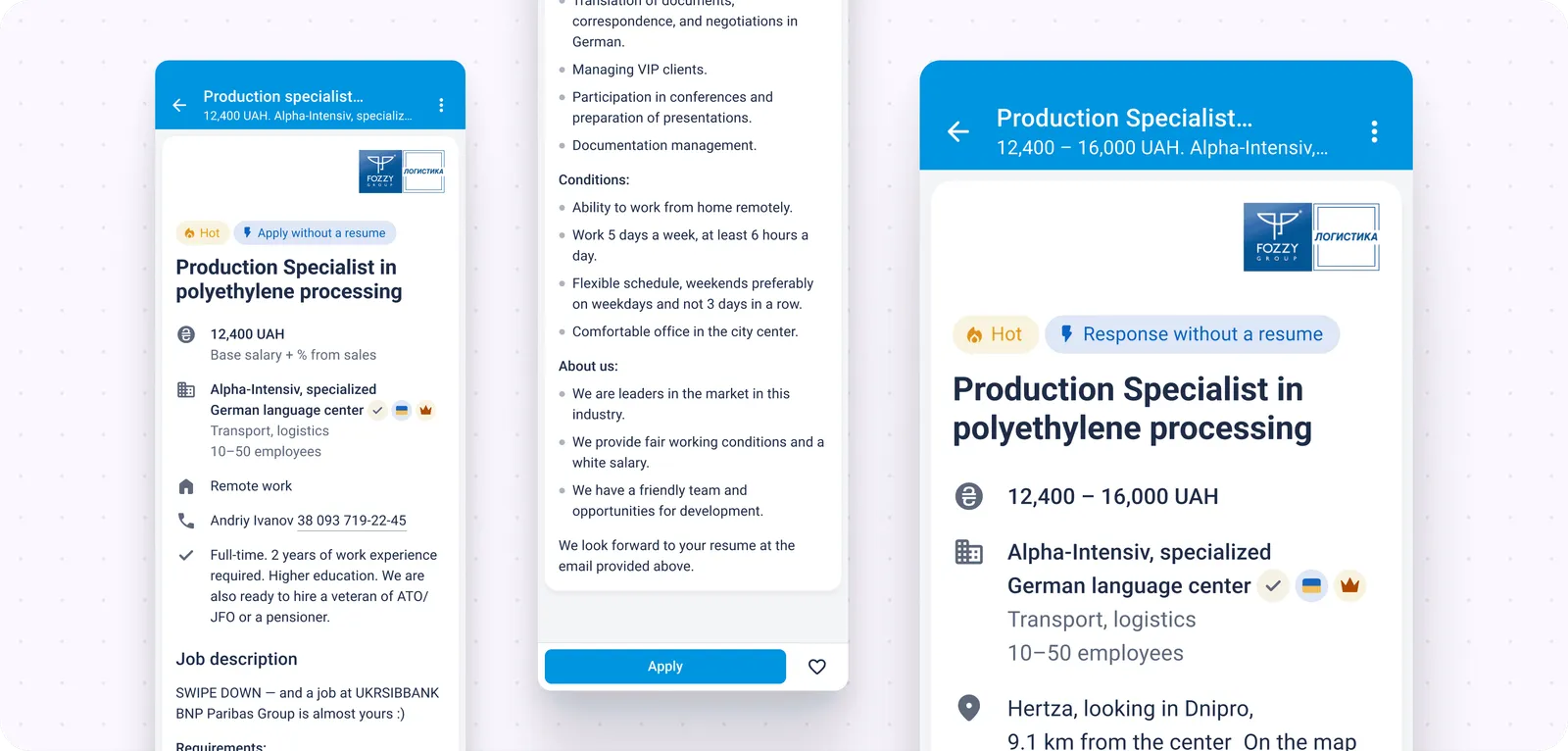 One job posting across three screens: the card with salary, employer and contacts, the description scrolled down to duties, conditions and an about-us block above the sticky Apply button, and the same posting enlarged with a salary range and location