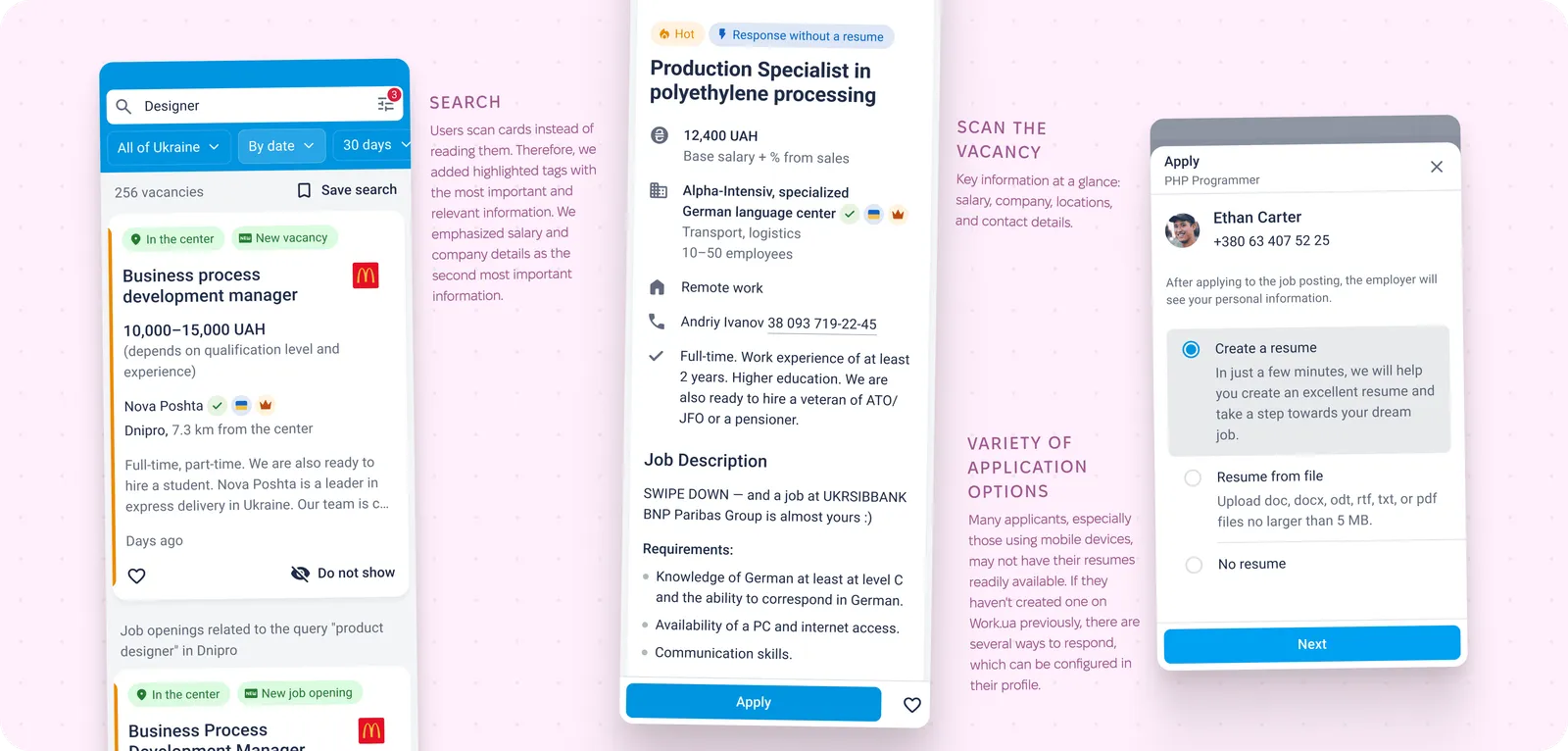 Three annotated screens: search results with highlighted tags, a job posting with salary, company and contacts at the top, and the apply sheet offering to create a resume, upload a file, or apply without one
