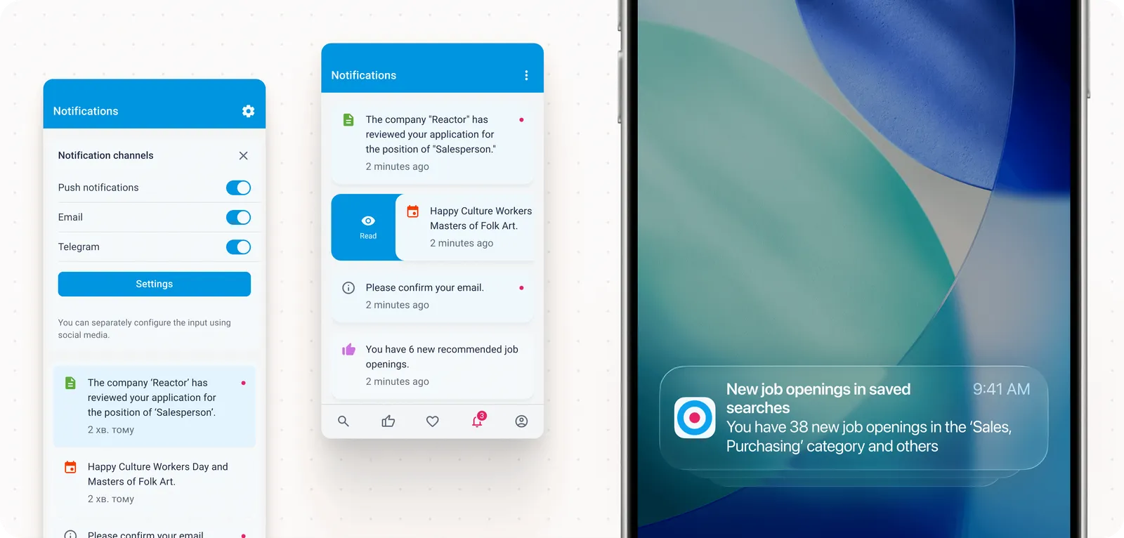 Notification design: a settings sheet with push, email and Telegram channels, a notification list where a row is swiped open to reveal a Read action, and a push about new job openings in saved searches on a phone lock screen