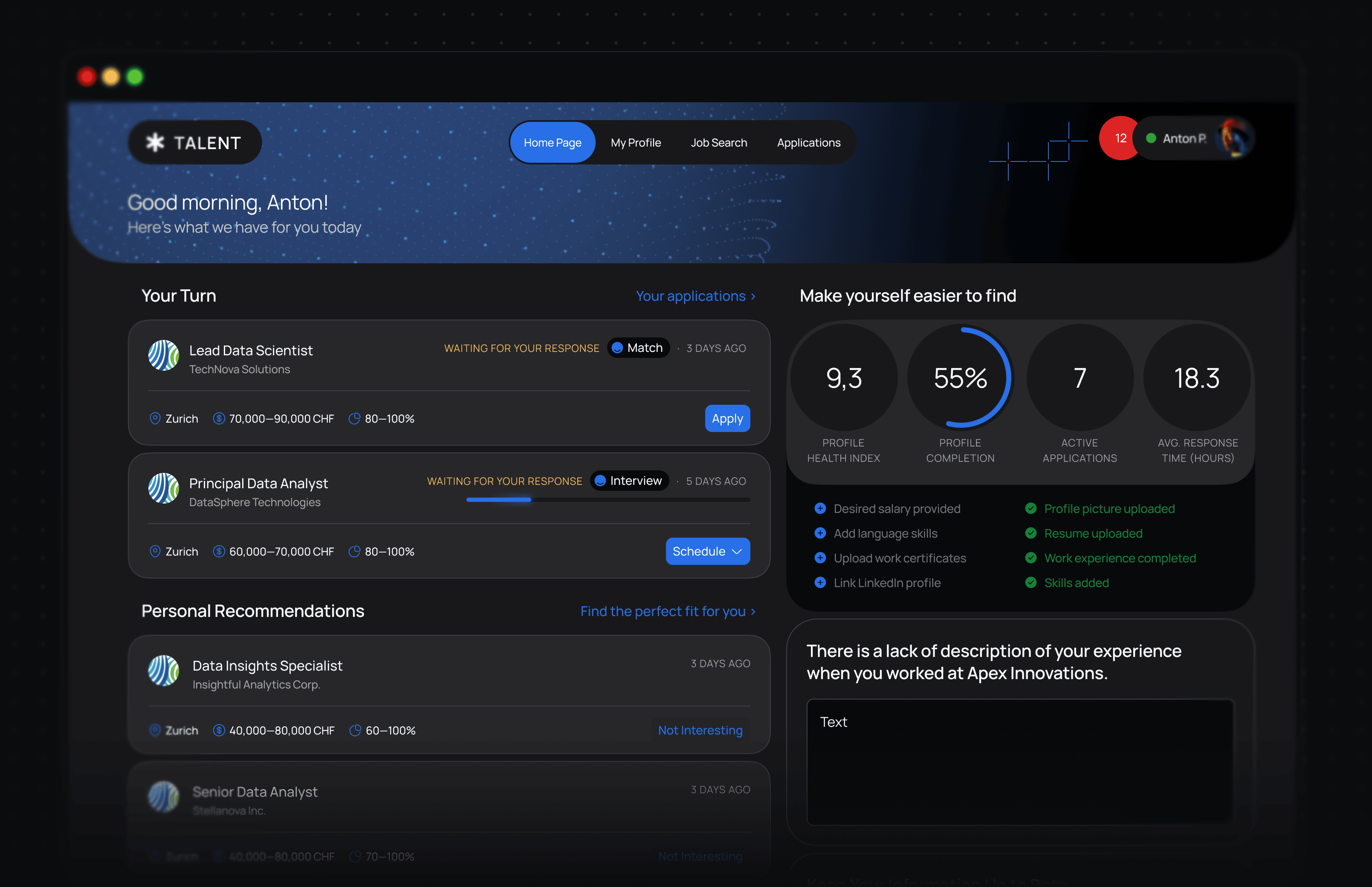 Analytics dashboard interface