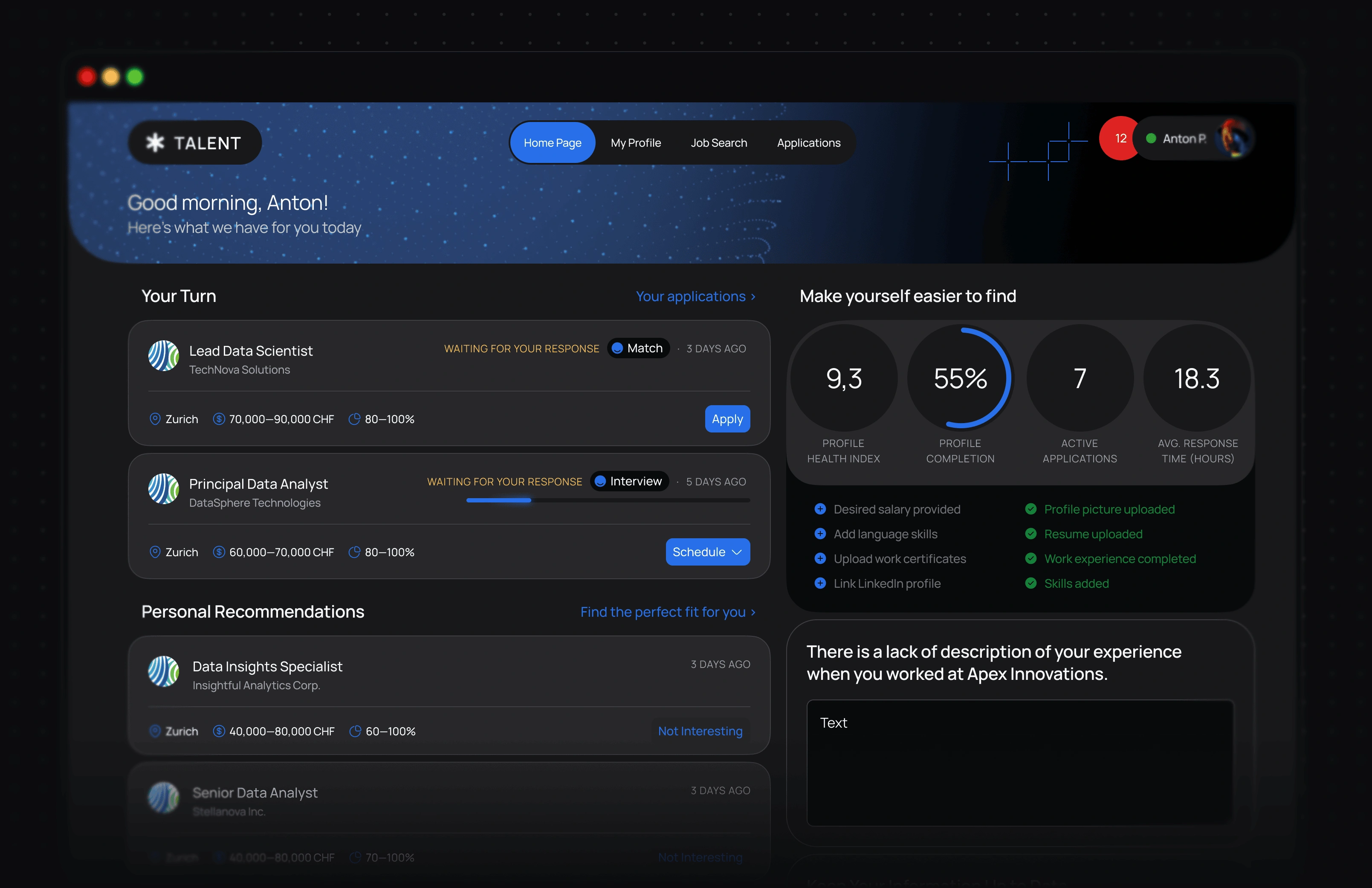 Analytics dashboard interface
