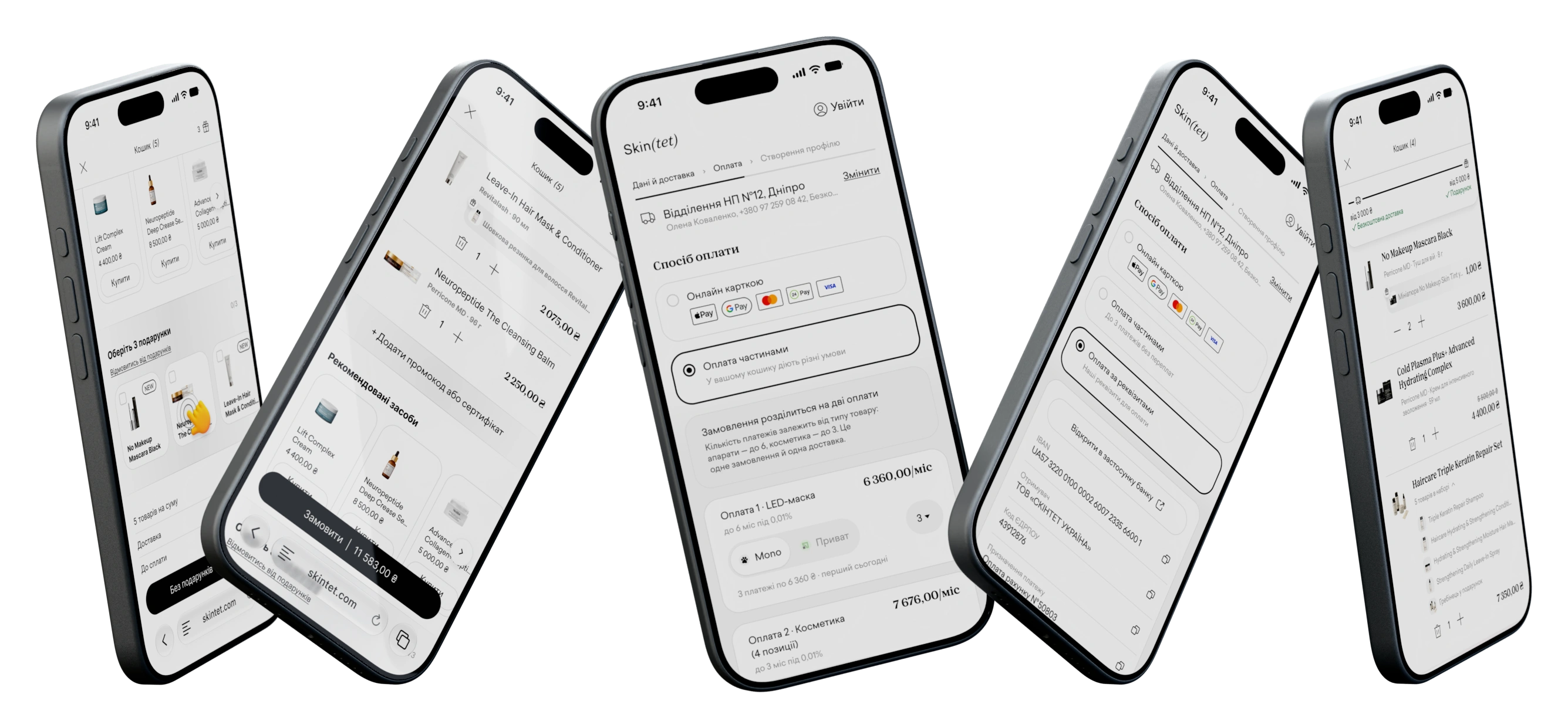 Five iPhones with the redesigned Skin(tet) cart and checkout — case study preview
