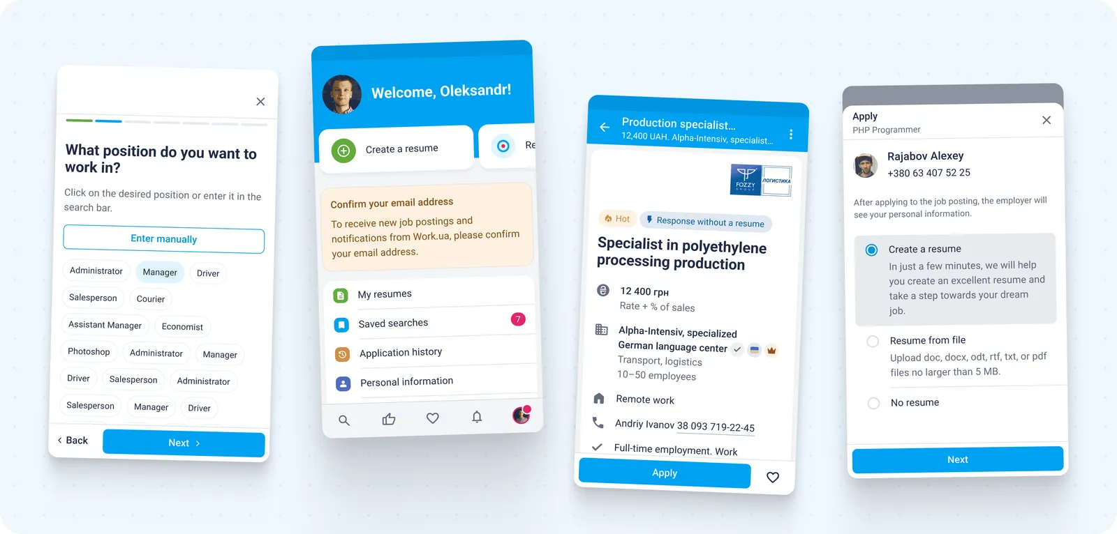 Four app screens: onboarding asking what position you want to work in, the home screen with a welcome banner, a prompt to confirm the email and shortcuts to resumes, saved searches and application history, a job posting with salary, employer and an Apply button, and the apply sheet offering to create a resume, upload a file, or apply without one