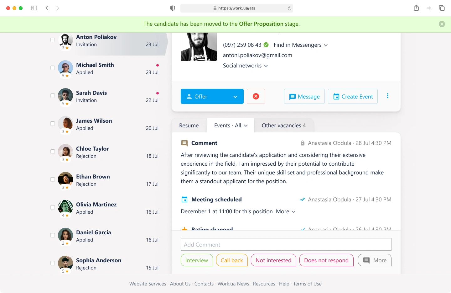Work.ua HRM system with the candidate list and a candidate card — case study preview